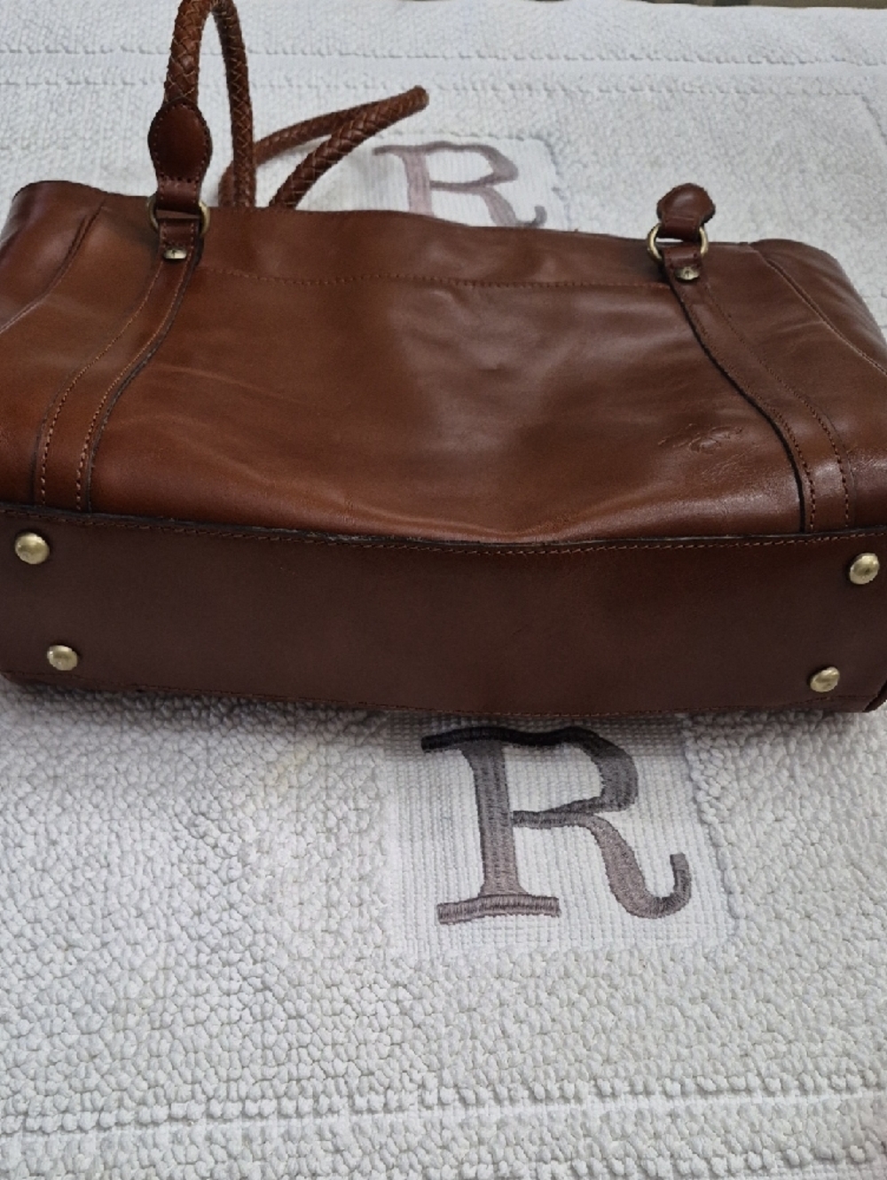 PATRICIA NASH CAMELY Cognac Antique Brass Leather Tote Bag 17×12 - Picture 5 of 16